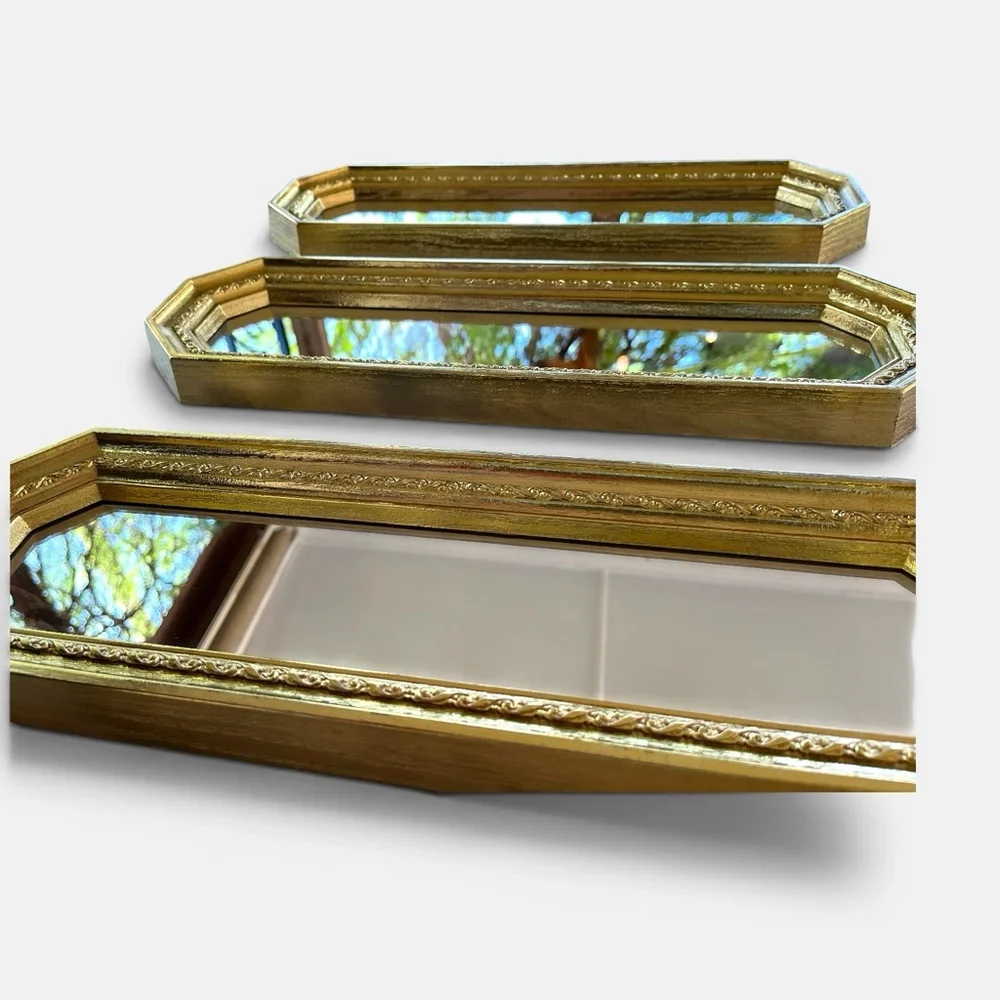 Set of 3 Vintage Ornate Gold Wall Mirrors: Hollywood Regency MCM 17" x 5" x 1" - Picture 7 of 9